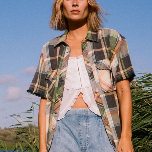 Free People We The Free Vintage Crush Plaid Shirt Top Printed M